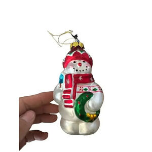 Holiday Snowman Red Scarf Heart Cheeks Top Hat Glass Christmas Ornament